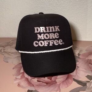Black Trucker Hat with "Drink More Coffee" Lettering SnapBack